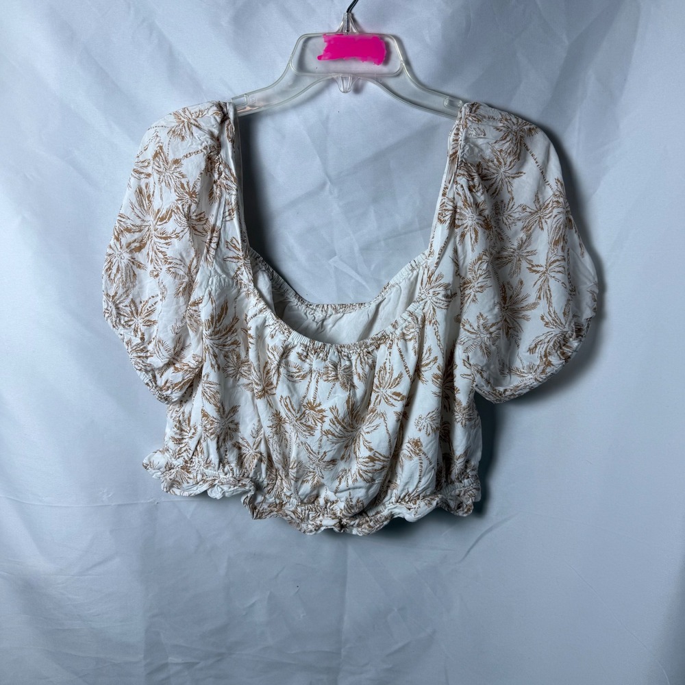 1. State Palm Leaf‎ Print Square Neck Puff Sleeve Cropped Blouse Top XL - Picture 4 of 6